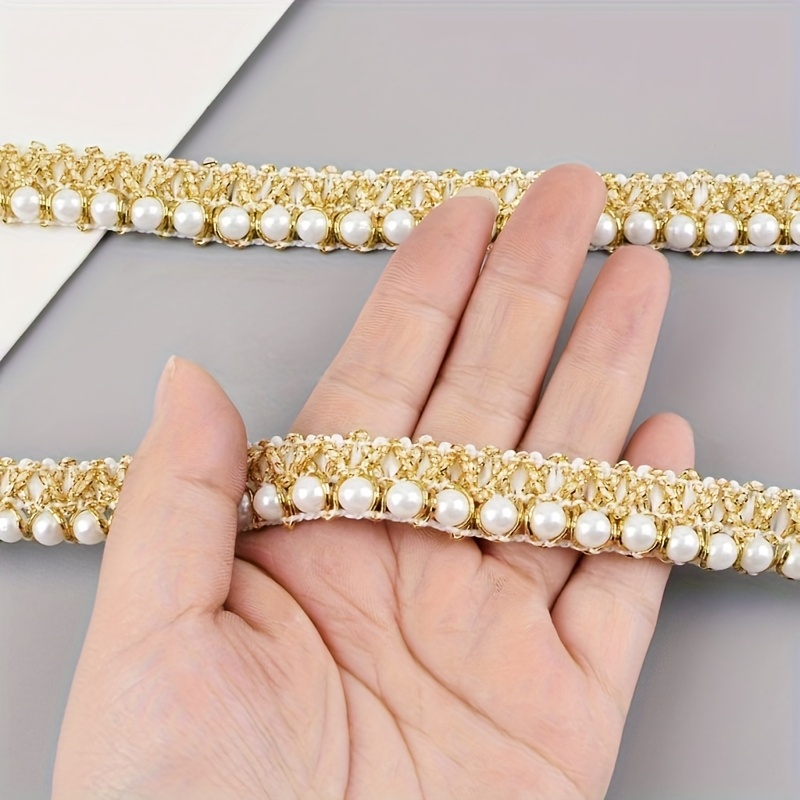 TEMU Bande de tissu décorative à bordure de dentelle dorée et perles blanches ornées, pour robe de mariée, couture de vêtements et ornement de maison