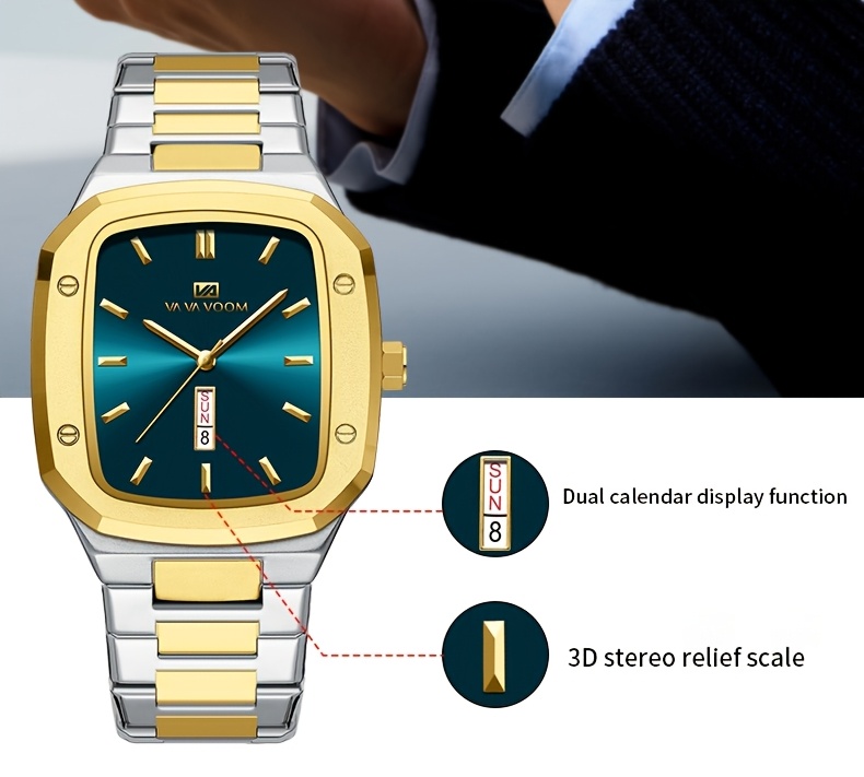 1pc luxury mens quartz watch   dial stainless steel strap blue silvery   clock casual business original movement dual calendar timing week for man industrial style   watches details 1
