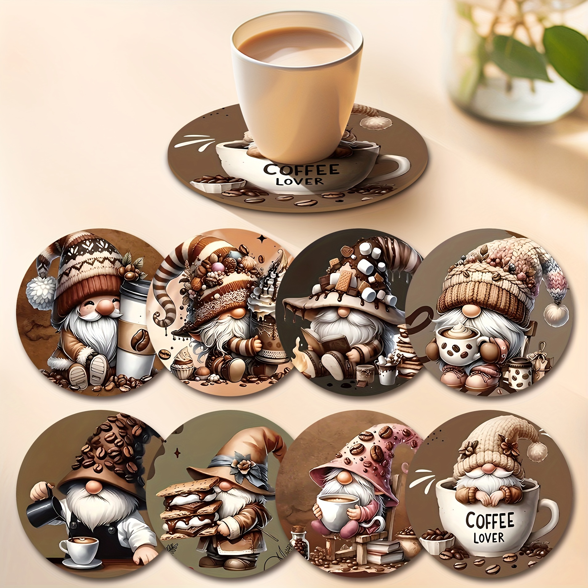 8pcs   wooden gnome coasters set colorful dwarf designs for drinks tea coffee ideal for   decor perfect christmas gift hand wash   93 3 93 inches 8pcs 0