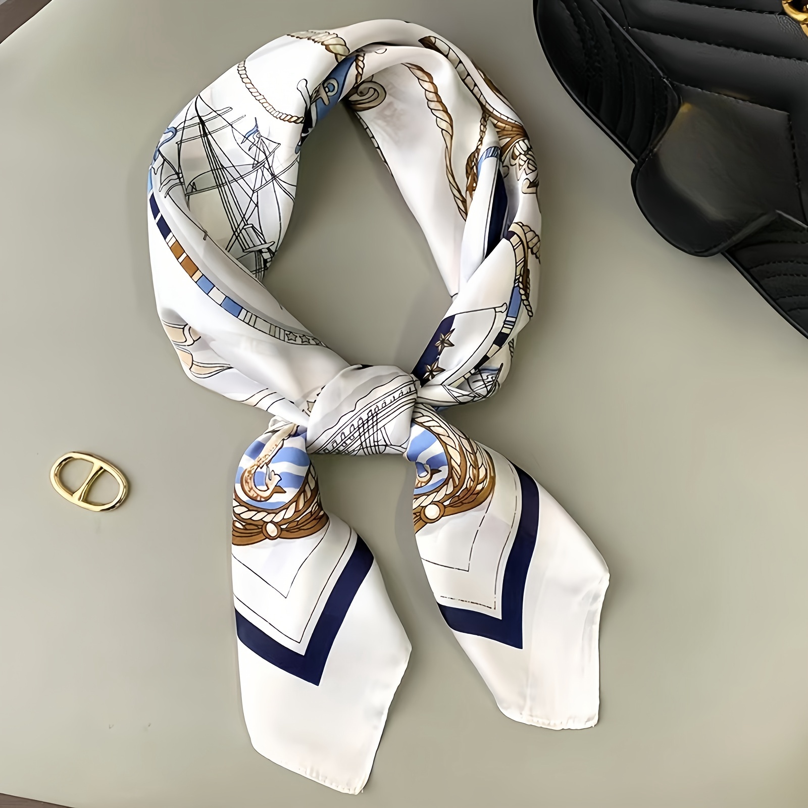 

27.55in White Sailboat Print Square Scarf Thin Satin Small Neck Scarf Elegant Inelastic Bandana Suitable For Daily Wear