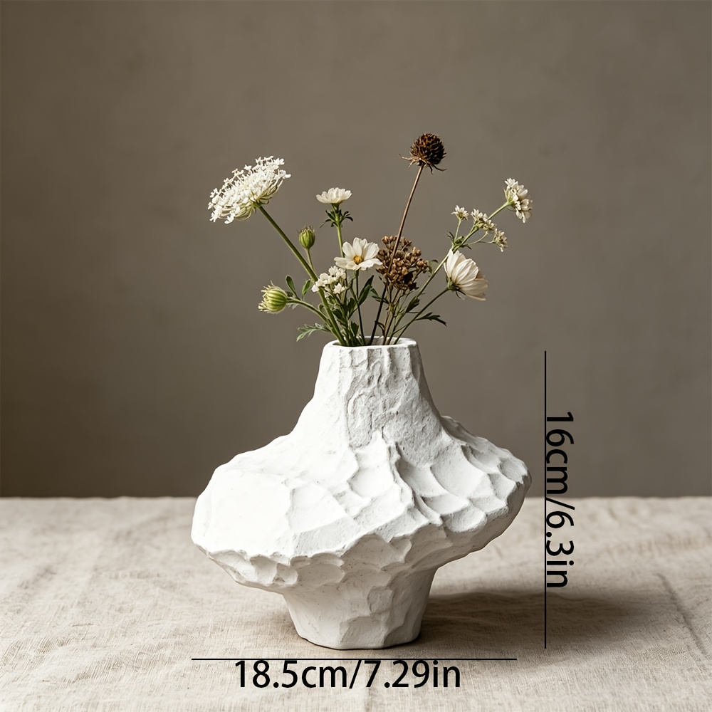 White Wabi-Sabi Ceramic Vase, Handmade Stone Texture Pottery, Matte Glaze Vessel for Living Room & Entryway, Hydroponic & Dried Flowers, Retro Home Decor for B&B & Tea House