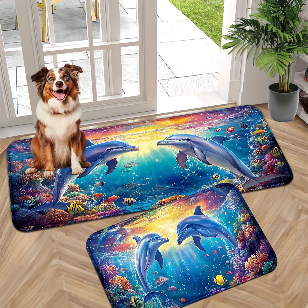 

Dolphin Ocean Scene Doormats 1pc/2pcs Set - Machine Washable, Non-slip, Lightweight, Square Knit Polyester Fiber Mats For Entryway, Corridor, Kitchen, Laundry, Bathroom