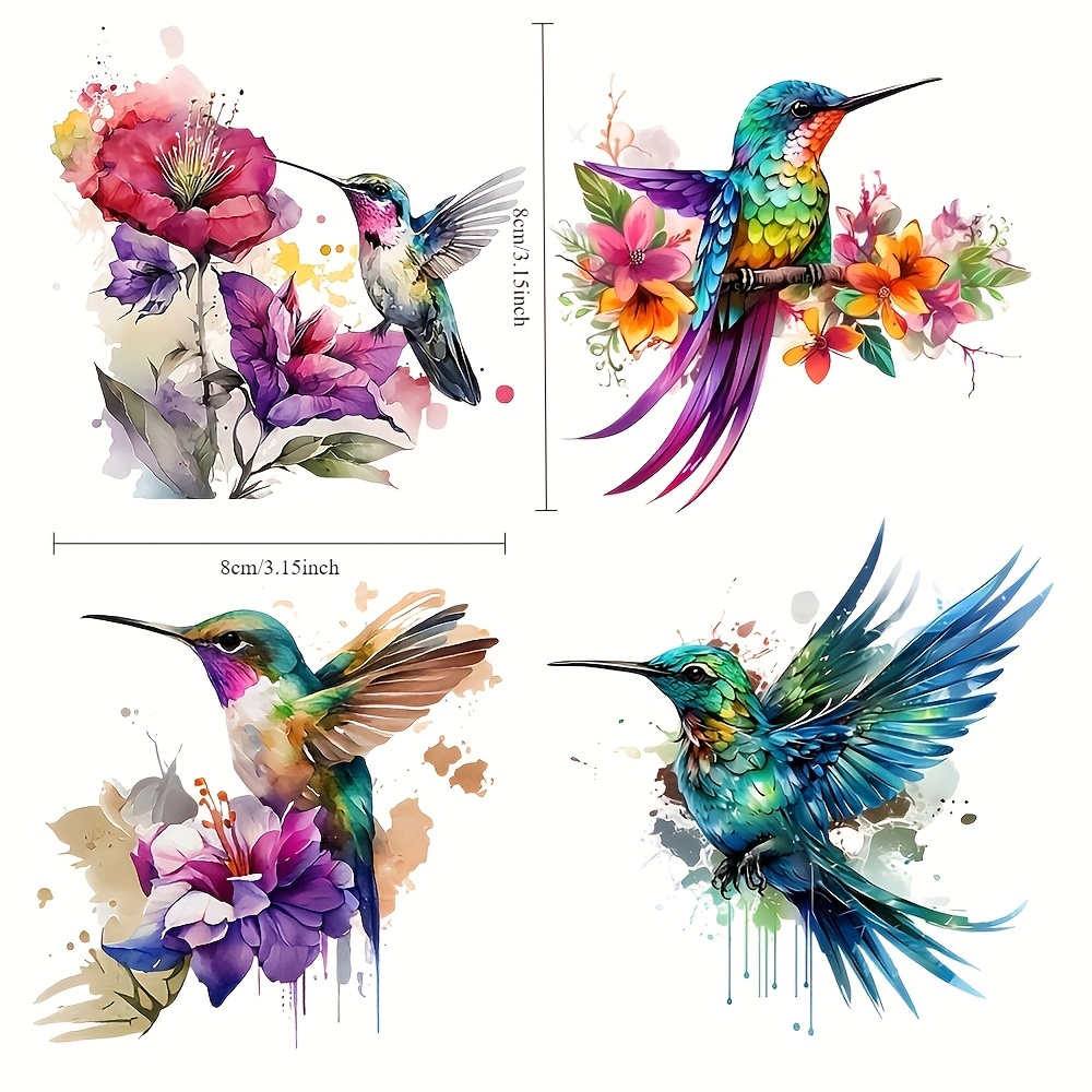 

Set Of 8 (4 Large And 4 Small) Heat Transfer Vinyl Stickers Featuring Hummingbirds And Floral Patterns, Suitable For Diy T-shirts, Bags, And Heat- Design Decorations.