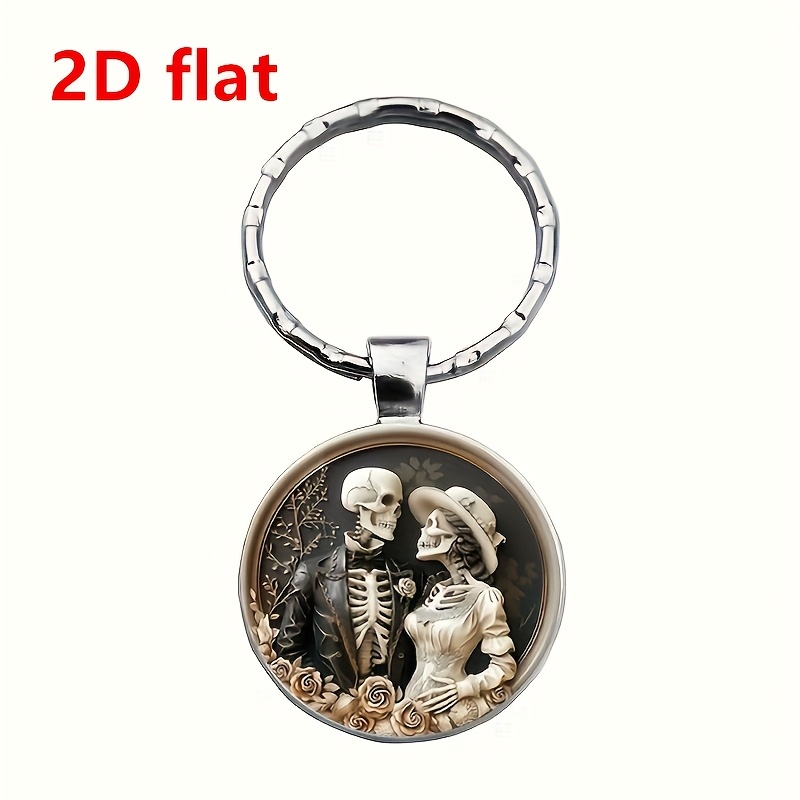 2d Flat 1pc Fashion Keyring Skull Couple Pattern Cabochon Glass Alloy Keychain Car Decoration For Men And Women Wedding Birthday Graduation Christmas Holiday Party Creative Anniversary Gifts