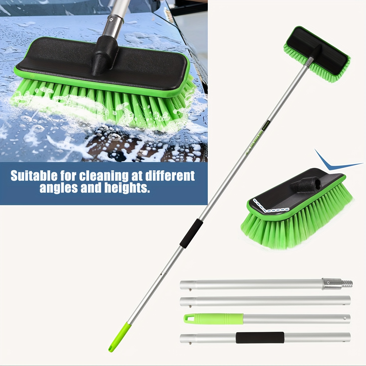 

59" V-shaped Car Wash Brush With Long Handle - Soft Pbt Bristles, Shedding For Detailing Tires, Roof, Suvs, Rvs, Trucks & Windows