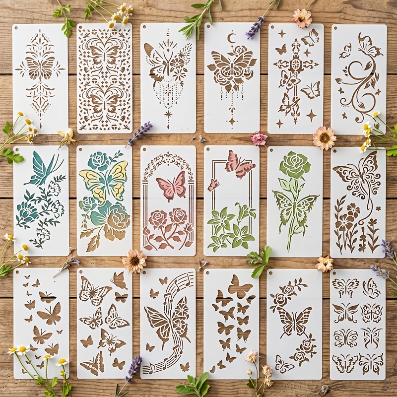 TEMU 18pcs Flower Painting Stencils, Reusable Hollow Drawing Templates For Wood Wall Glass Cloth Decor, Craft Art Painting Stencil Set