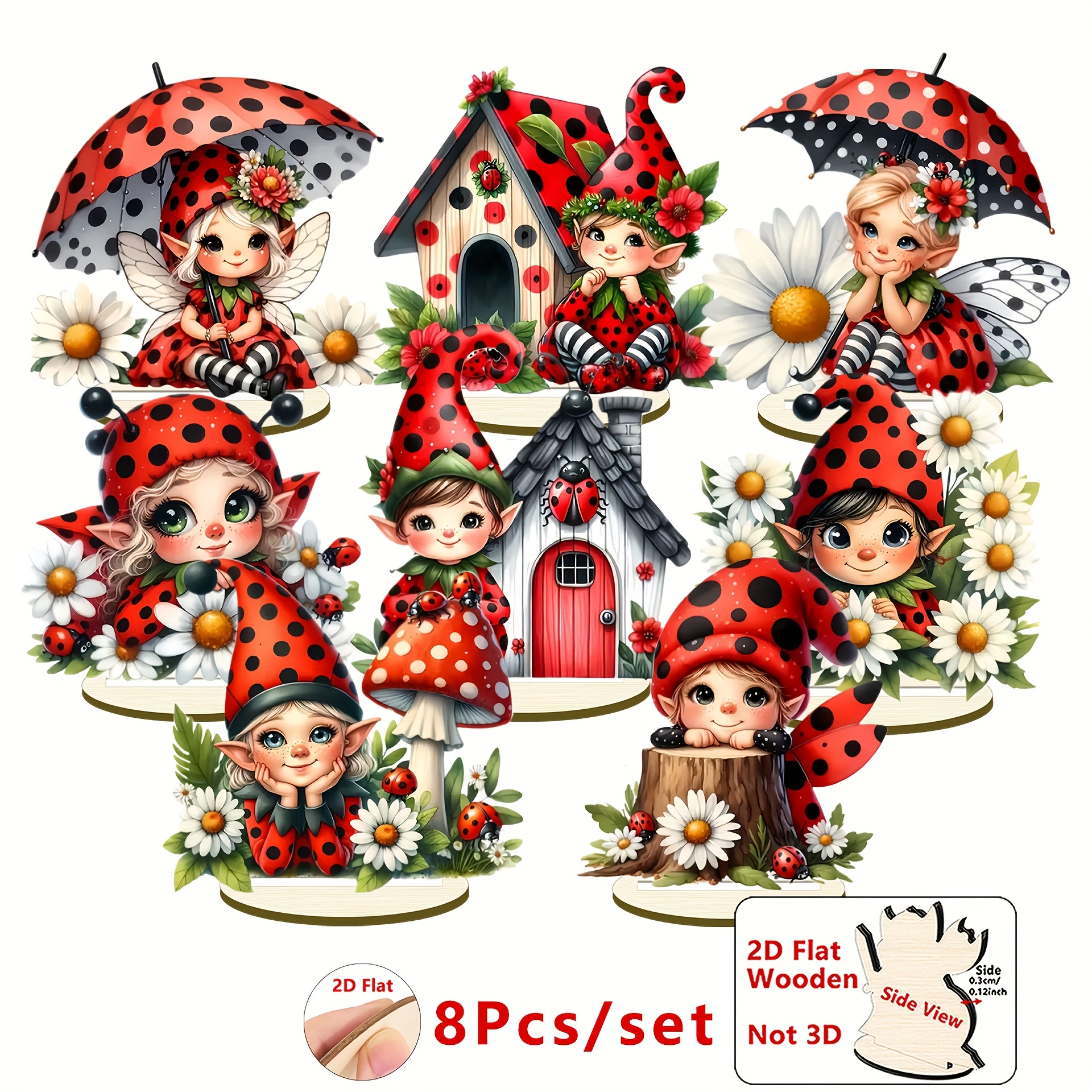 2d Flat, 8pcs 2d Flat Ladybug Theme Girl Wooden Ornament, Tabletop Center Ornament, Ornament, Birthday Gifts, Home Office Decoration Supplies, 2d Flat