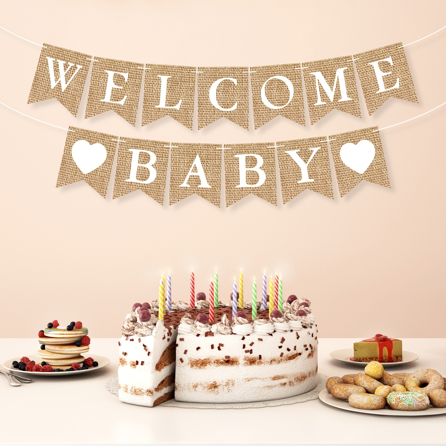 TEMU Bannière de pour bébé en jute, guirlande de drapeaux rustiques en papier, décorations de fête de , accessoires de fond photo pour de