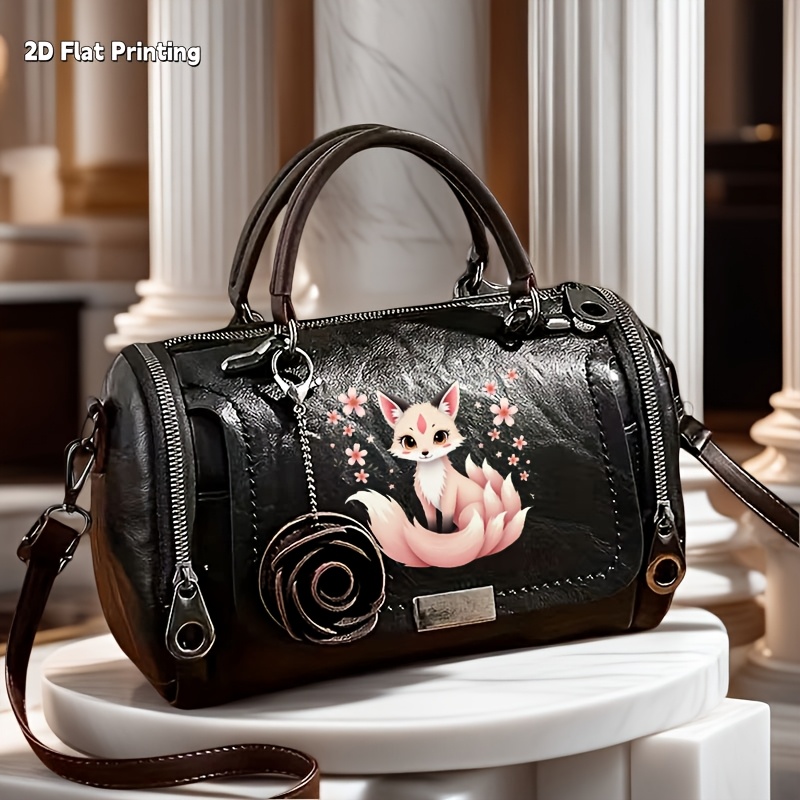 TEMU 1 pièce Sac à main rétro pour femme avec imprimé renard à queues - Rose, convient pour les quotidiens et les , sac bandoulière à fermeture