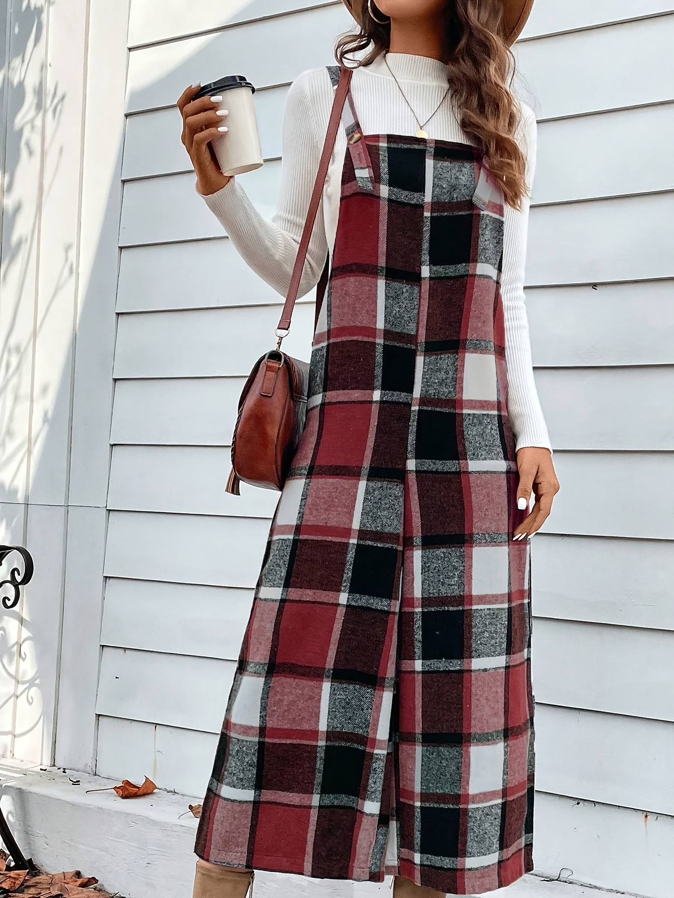 elegant tartan overalls women polyester 95% spandex 5% Temu New