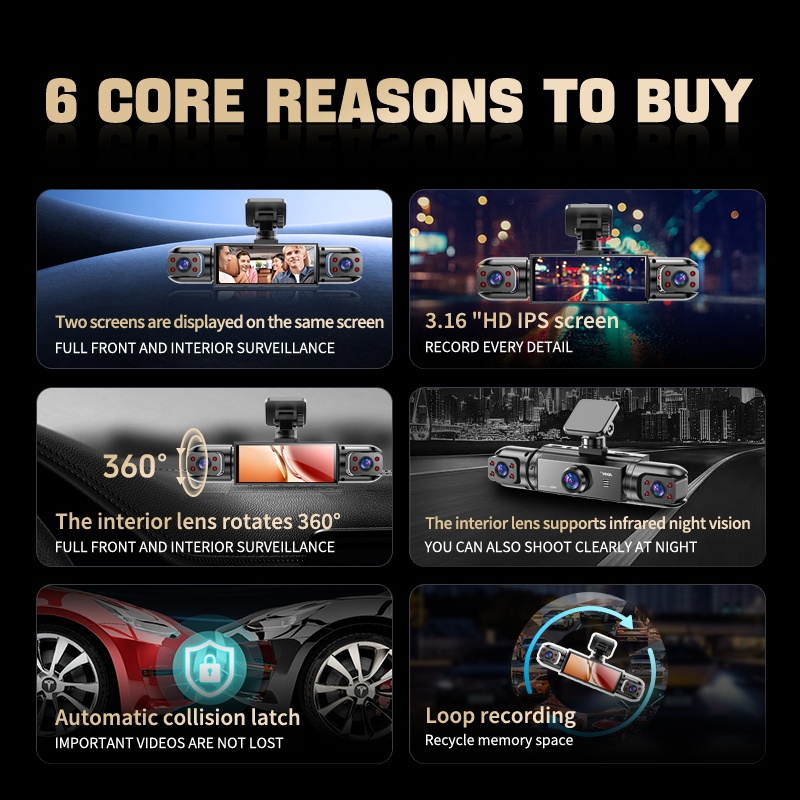 AXH 360 ° 4-channel 1080P High-definition Ultimate Safety Driving Recorder Set, Car Camera 1080P Front And 720P Front, Back, Left, Right Full Coverage, Four Screen Display, High-definition Night Vision, WDR, G Sensor, Loop Recording - Car