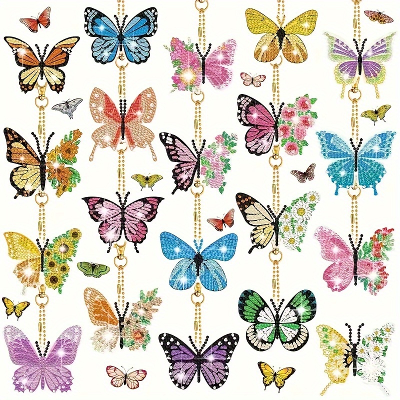 

20-pack Acrylic Diamond Painting Butterfly Keychains Diy Kit - Double-sided, Irregular Shaped Drills, Sparkling Flower Design Pendants For Decoration & Accessories