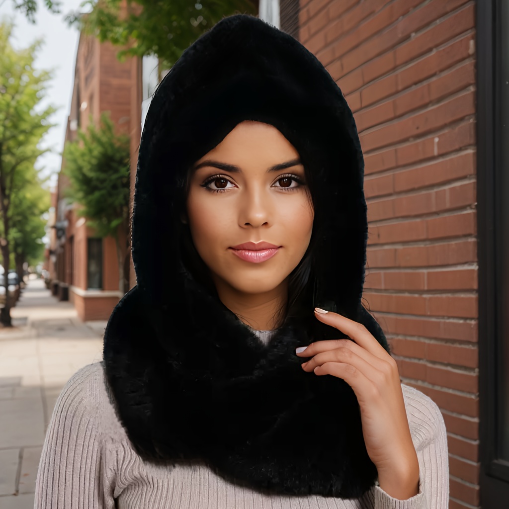 Image of A Long Oversized Scarf Hood With A Hat Winter Hat And Scarf Set, Integrated Design For Ear And Neck Protection, -one Winter Hat And Scarf Combo