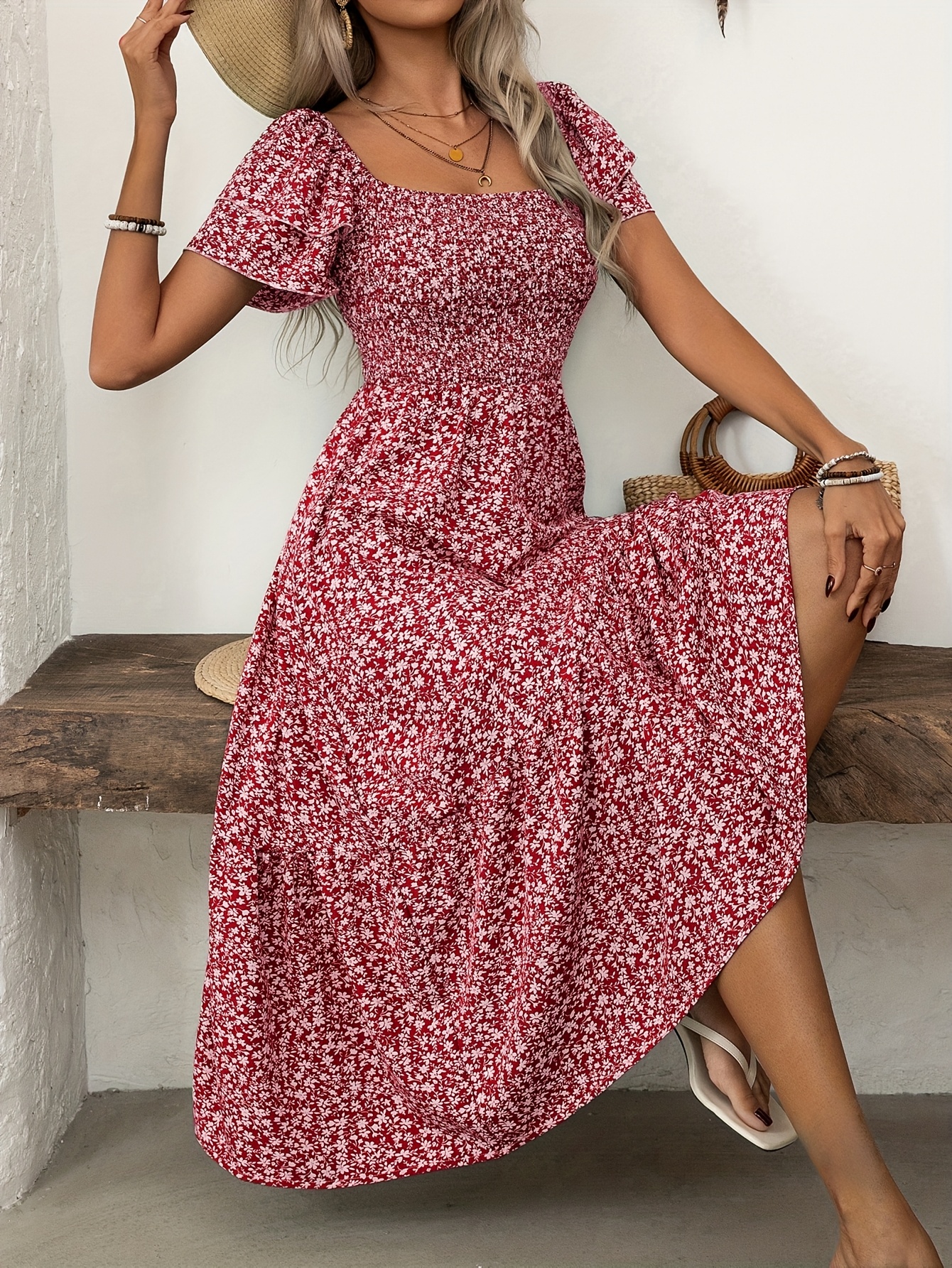 green emerald velvet dress White Off Shoulder Puff Sleeve Shirred Ruffle Hem Slim Fit Dress –  Wear.Style main image 1