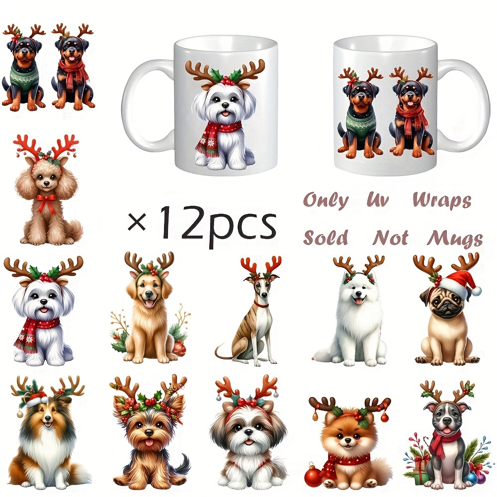 

12-piece Set Christmas Dog Decorative Paper Stickers, Uv Dtf Transfer Decals For Glass Jars And Coffee Mugs, Animal Themed Adhesive Decoration Labels For