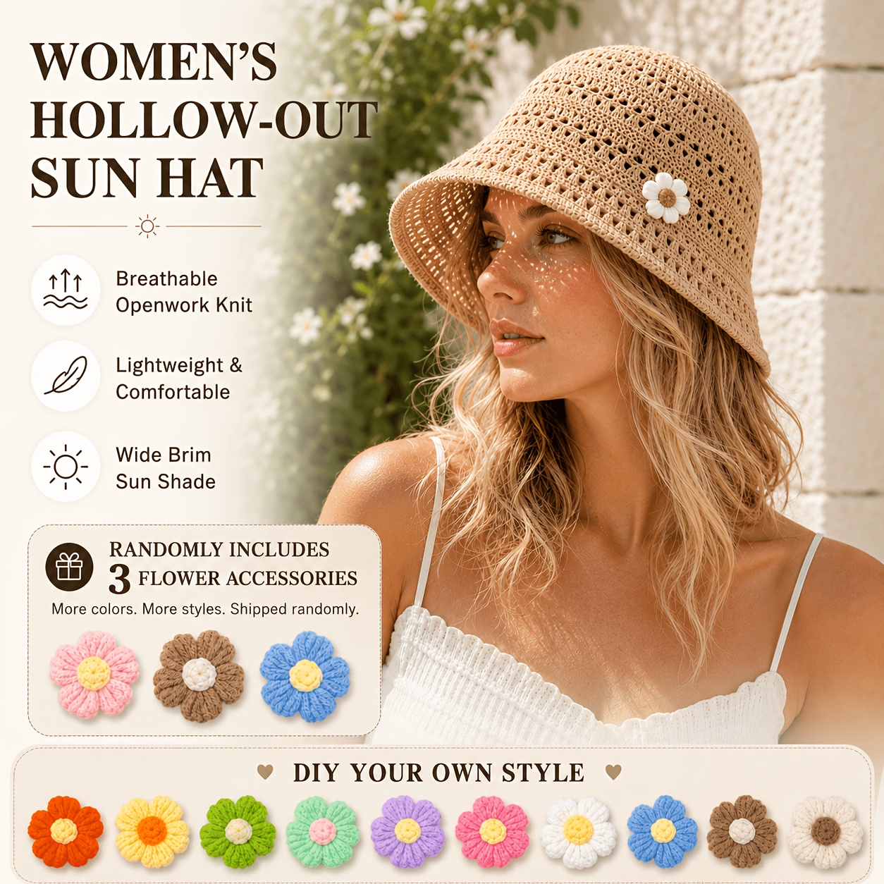 TEMU Women's Hollow Out Crochet Bucket Sun Hat, Breathable Openwork Wide Brim Summer Beach Hat, Lightweight Comfortable Fisherman Cap With 3 Random