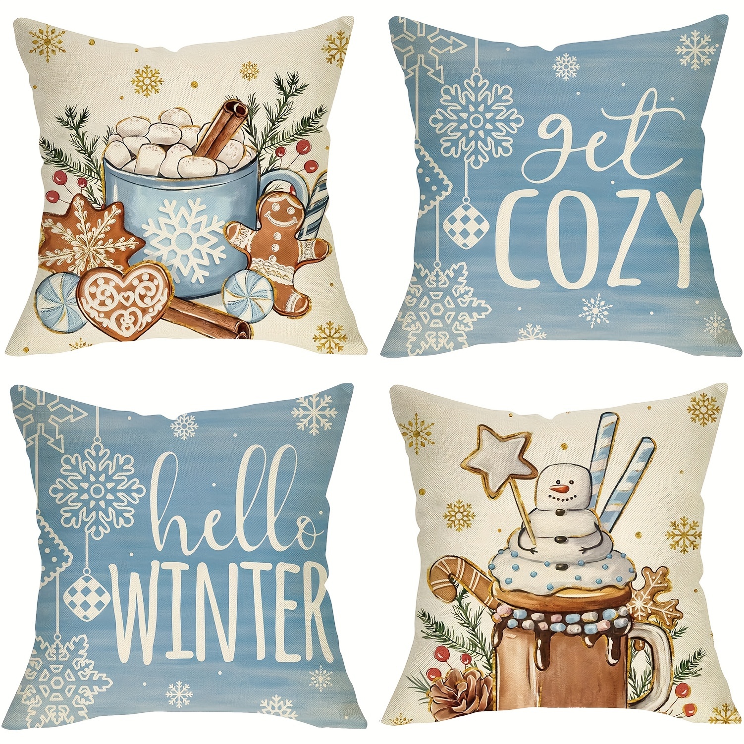 

4pcs, Hello, Winter Blue Decor Throw Pillow Covers 18x18 Inches, Cozy Hot Cocoa Gingerbread Snow Porch Outdoor Home Decor, Holly Berry Pine Cone Snow Seasonal Sofa Cushion Covers