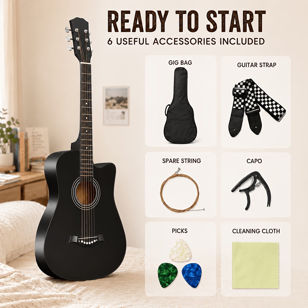 38 Inch Beginner Acoustic Cutaway Guitar, Entry-Friendly Smooth... product image 10