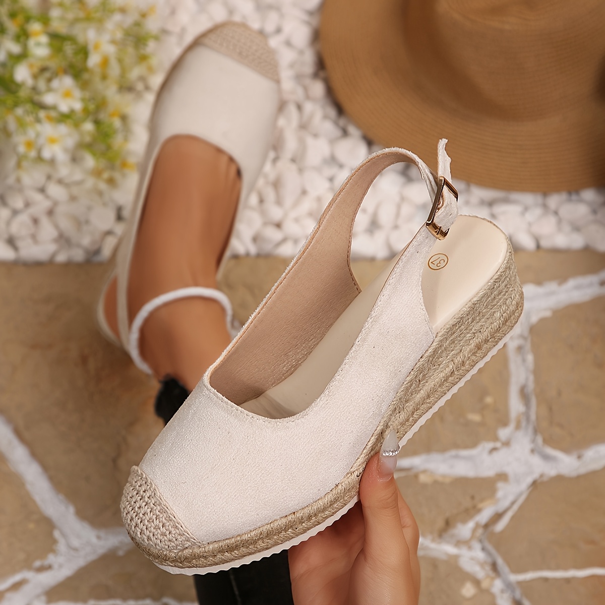 TEMU Women's Bohemian-style Woven Wedge Sandals With An Open Back, Handcrafted With A Closed Toe, Perfect For Vacation With A Thick-soled Fisherman