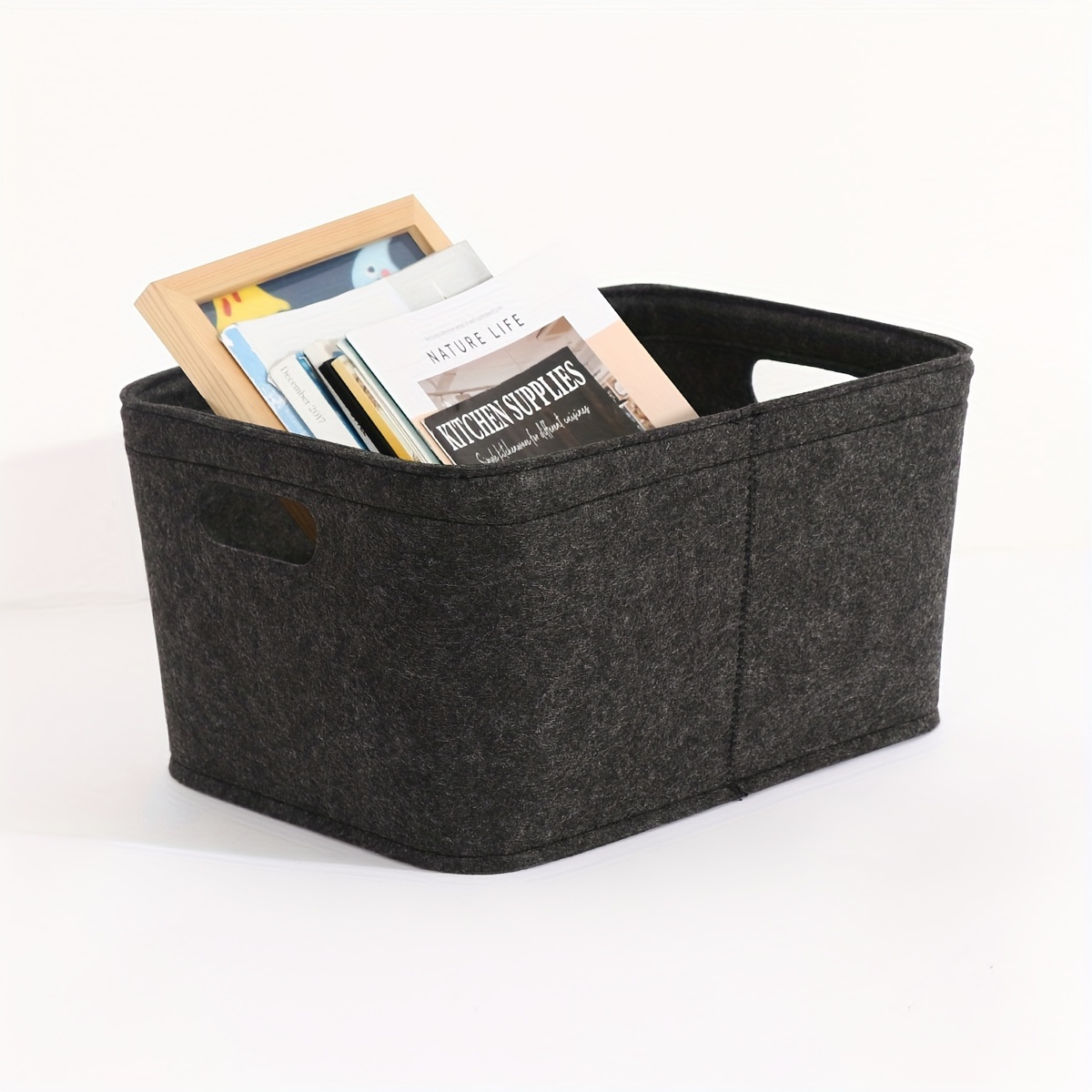 

1pc Large Capacity Felt Storage Basket, Rectangular Modern Felt Organizer With Handles, Bedroom Accessories, Closet Bin For Office Supplies, Stacking Design, Shelf Baskets