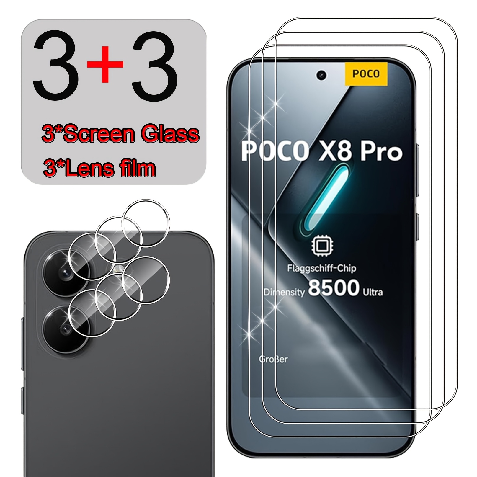 TEMU 6 pezzi = [3 Pellicole Protettive per + 3 Pellicole per Fotocamera] Pellicola per Xiaomi Poco X8 Pro 5G, Protezione Lente in Vetro Temperato