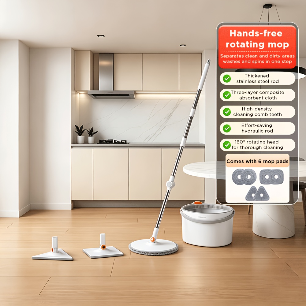 Spin Mop And With 3 Mop Heads & 6 Microfiber Pads - Dry Wet Wringer, 360° Rotating Floor Mop Suitable For Tile Floors, Windows, Hard Surfaces, Suitable For, Bathroom, Cleaning