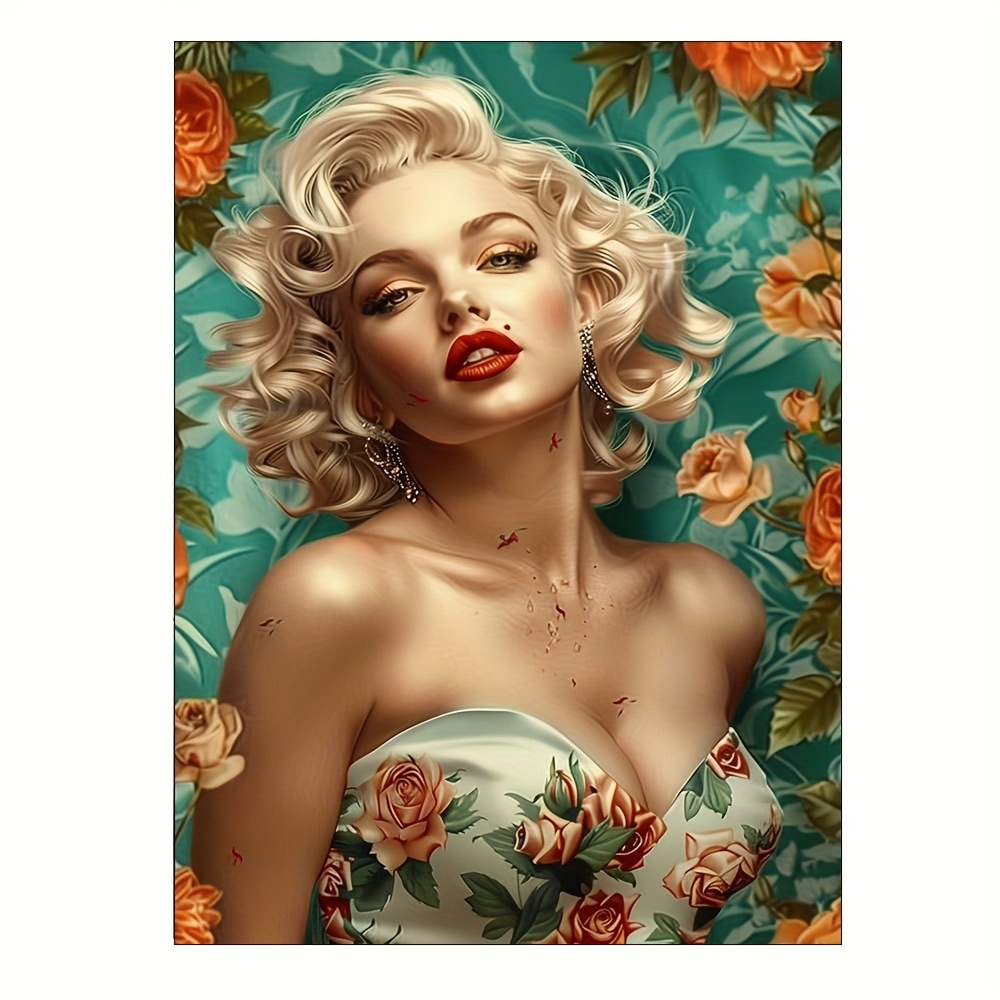 

Glamorous Vintage-inspired Canvas Art Print - Blonde Hair, Blue Eyes With Teal & Orange Floral Background, Realistic Detail, Perfect For Home, Office, Or Cafe Decor, 12x16 Inches