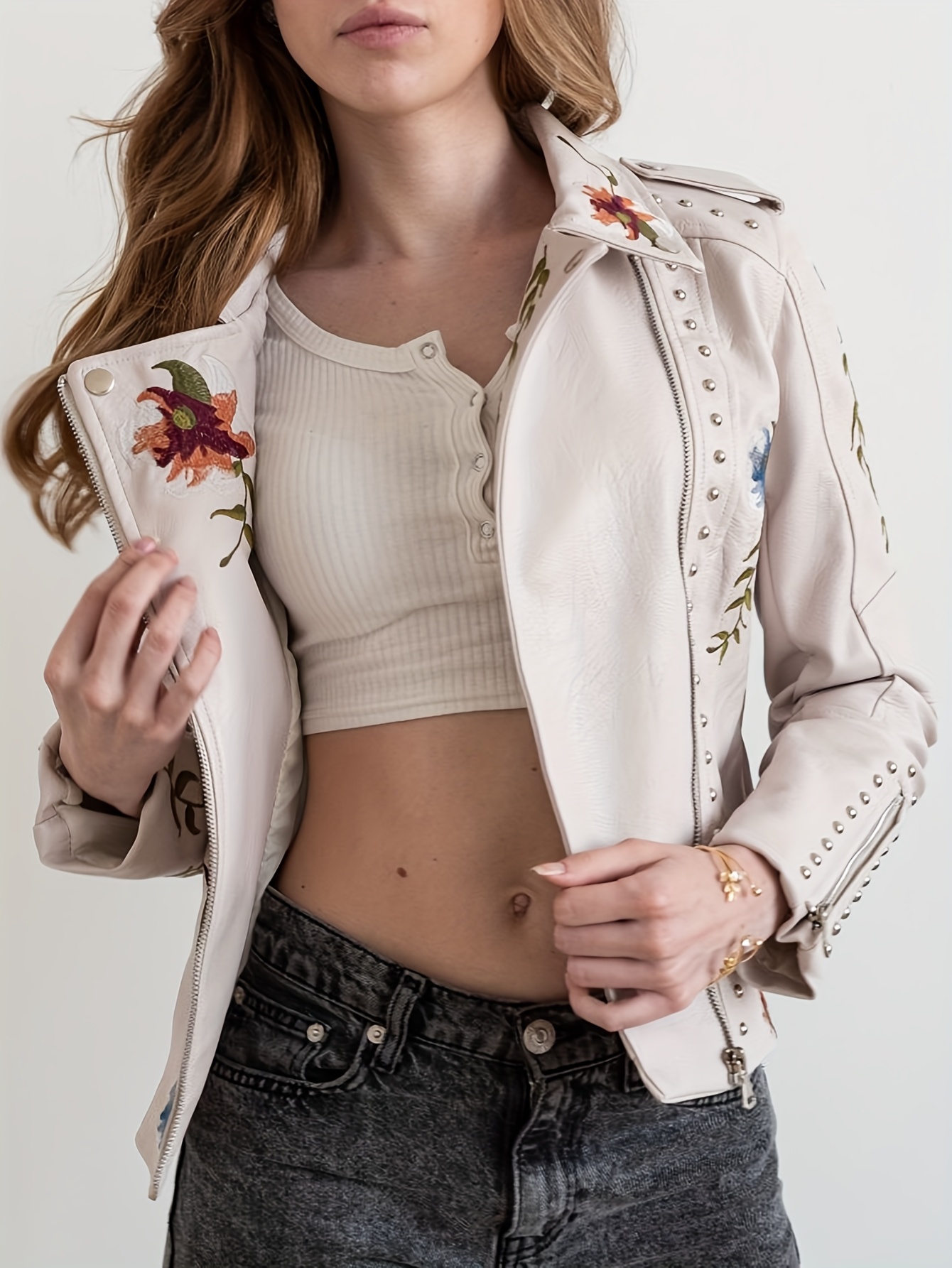 womens vintage floral embroidered   leather jacket long sleeve zipper front casual weekend style non stretch fabric spring summer fashion casual attire jacket vintage street style zippered jacket