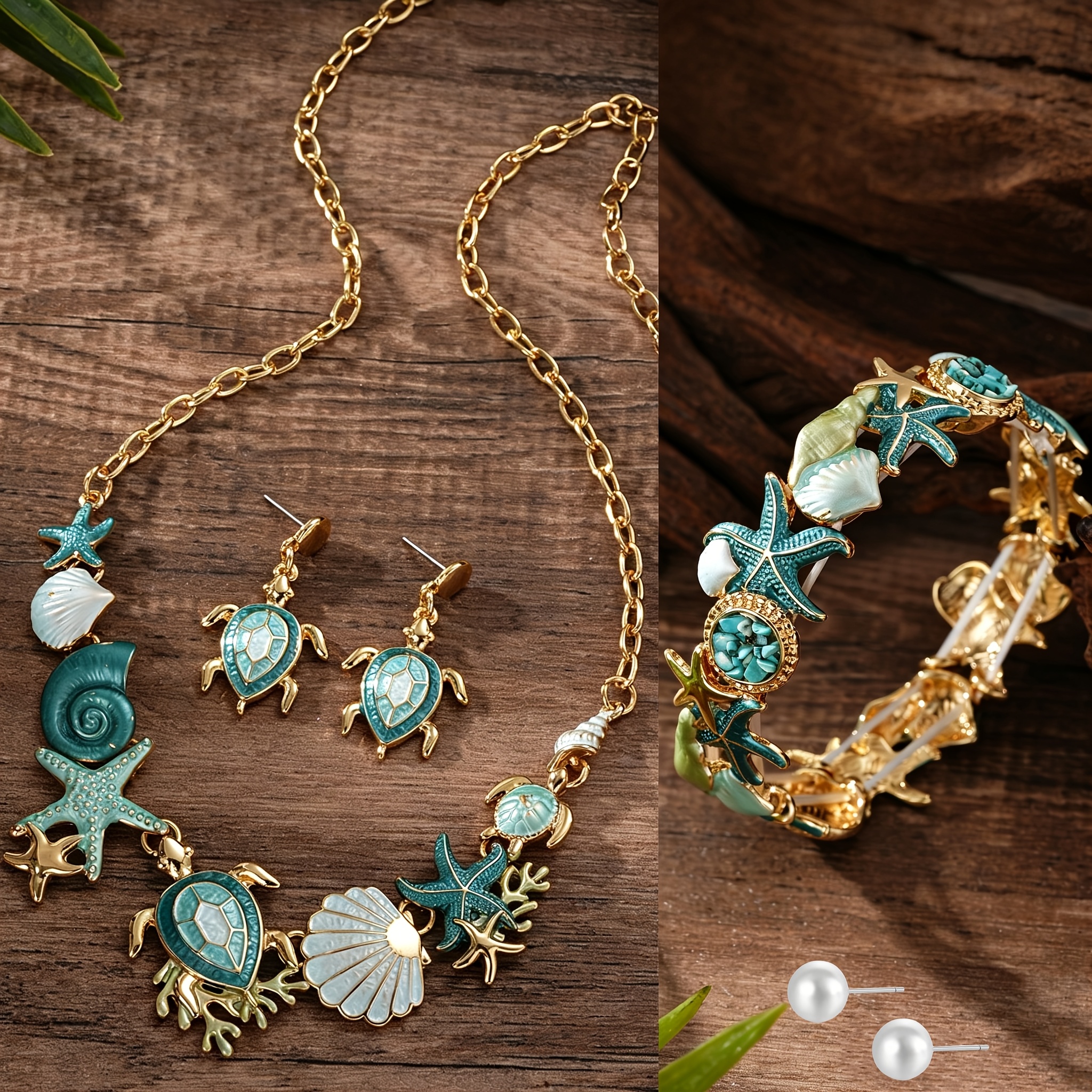 TEMU Parure de bijoux CringCoco pour femme en émail plaqué tortue de mer et de mer - Collier, boucles d'oreilles et bracelet extensible de plage