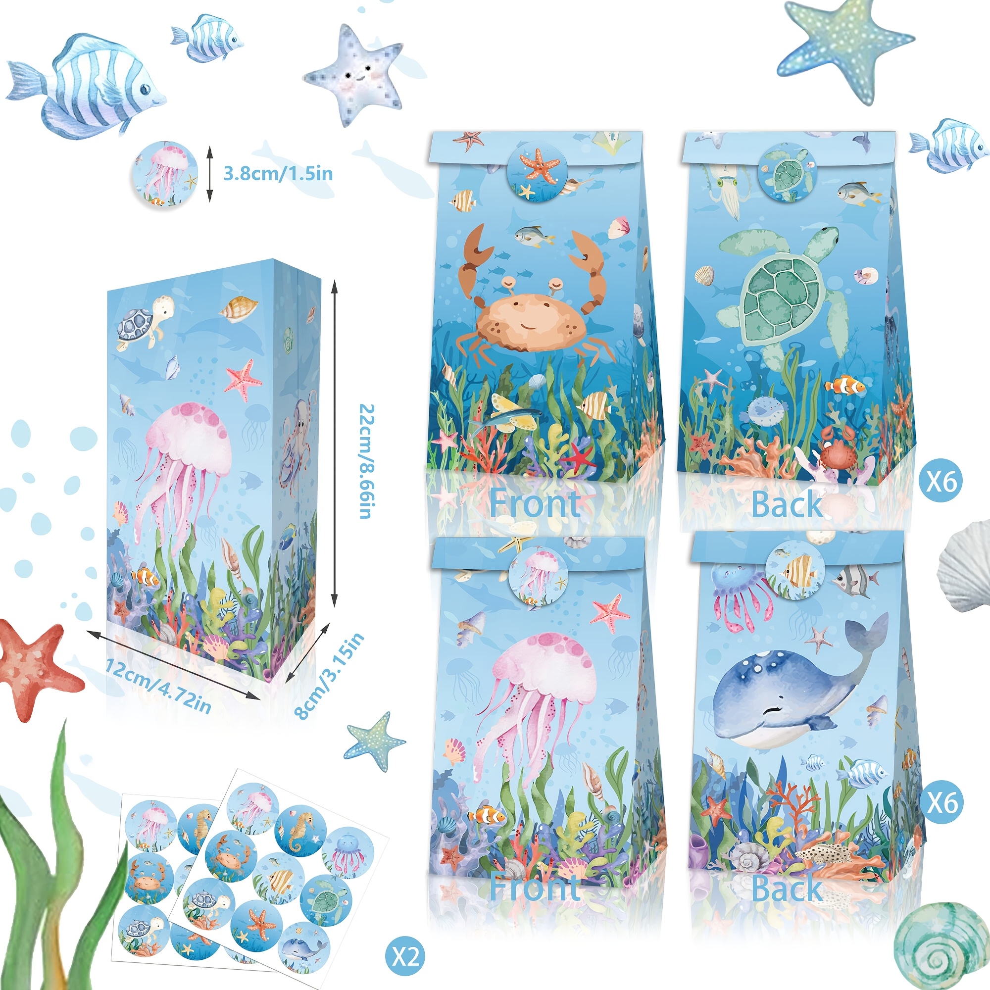 E-shop 12 Papiertüten + 18 Aufkleber, Geschenktüten für Meerestier-Partys, Papier-Geschenktüten mit Meeresbewohnern, mit Goldfischen, Schildkröten,