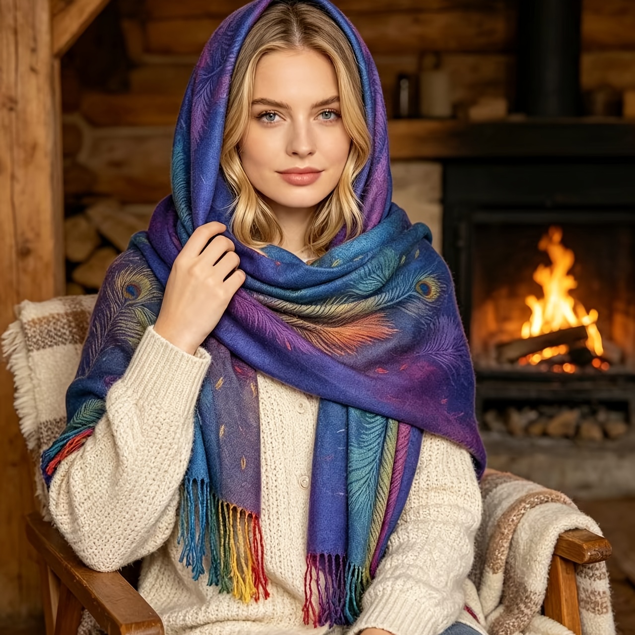 Bohemian Colorful Peacock Scarf, Women's Autumn Winter Jacquard Shawl