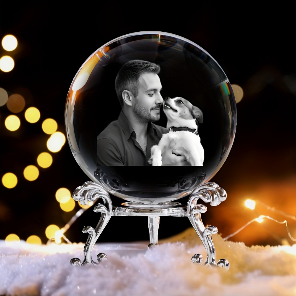 TEMU Custom 1pc Crystal Glass Ball Photo With Metal Stand, Suitable For Pet Lovers, Featuring Personalized Images Of Dogs And Cats As Diy Souvenirs