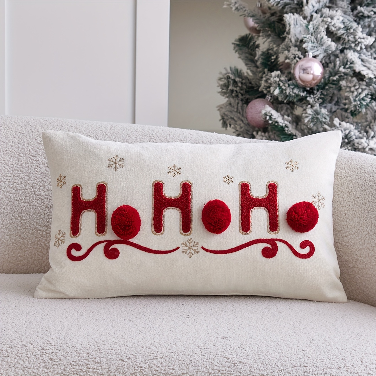 Image of 1pc Terry Embroidery "" Christmas Pillowcase, Decorative Pillow Cover With 3 Hand-sewn Pom-poms, Christmas Sofa Decor Throw Pillow Cover, Ideal Holiday Gift, Insert Not Included