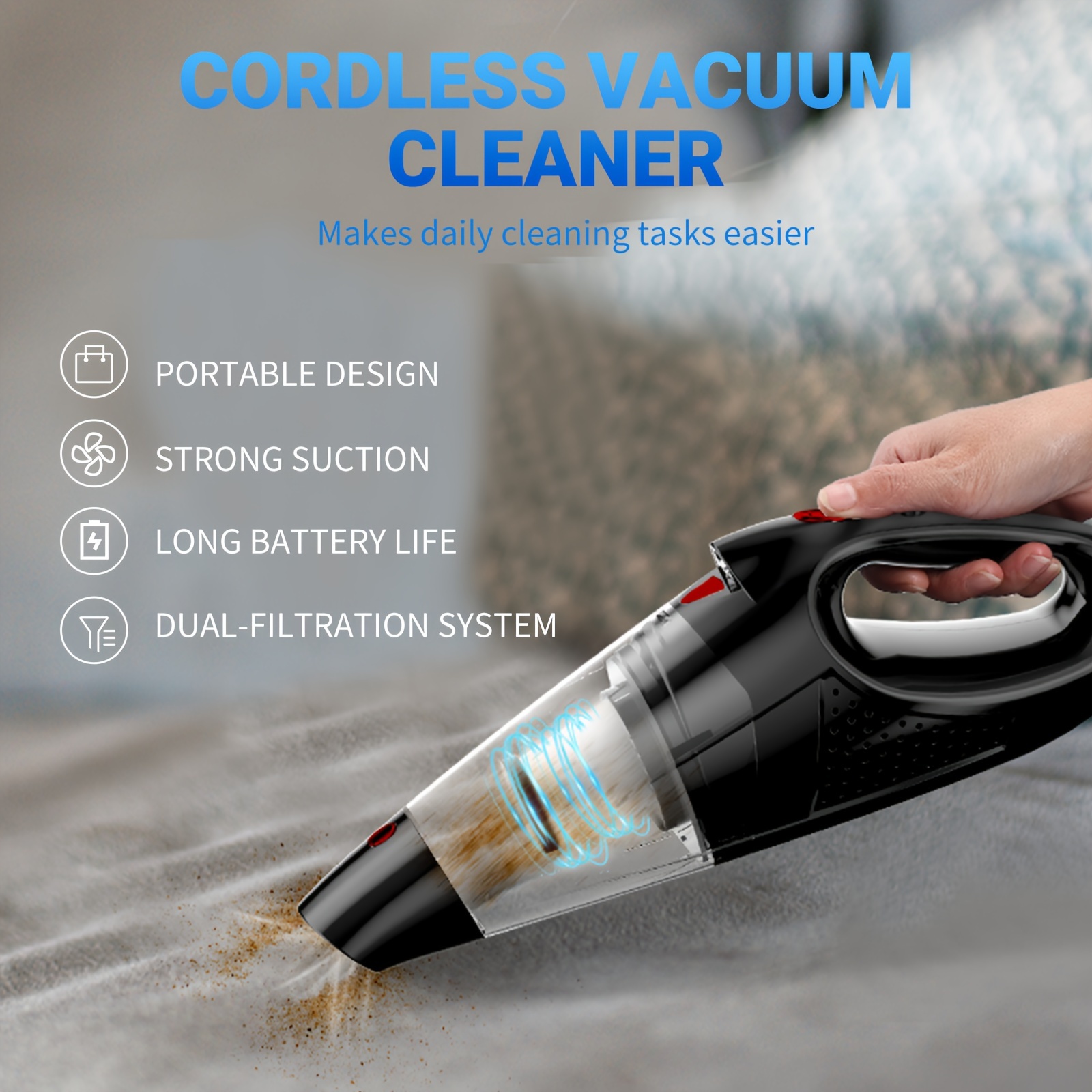 

Hand Vacuum Cordless Rechargeable, Small And Portable With High Power And Quick Charge For Home And Car Cleaning