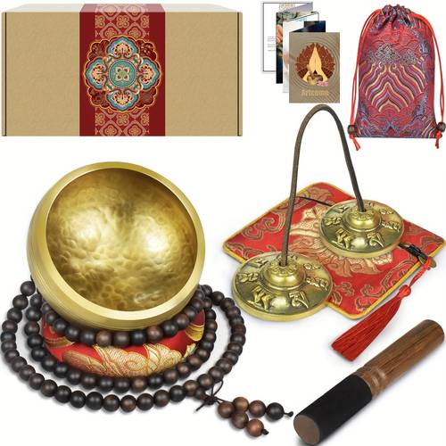 7pcs tibetan healing meditation set handmade red singing bowl mala beads and for yoga stress relief chakra balancing mindfulness practice