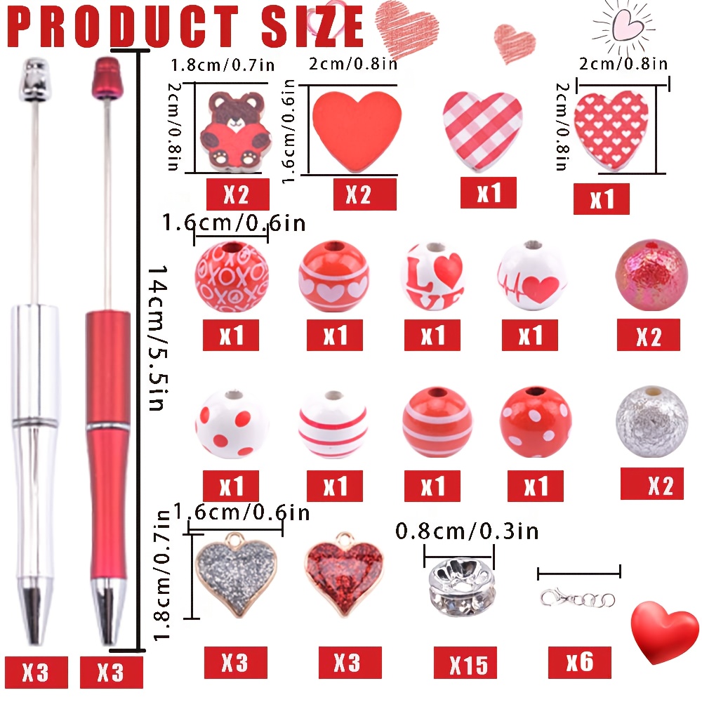 TEMU 6 Sets Of Red And Silver Valentine's Day Themed Wooden Bead Sets, Including Heart-shaped , 1mm Black Ballpoint Pens, Red Heart Printed Wooden