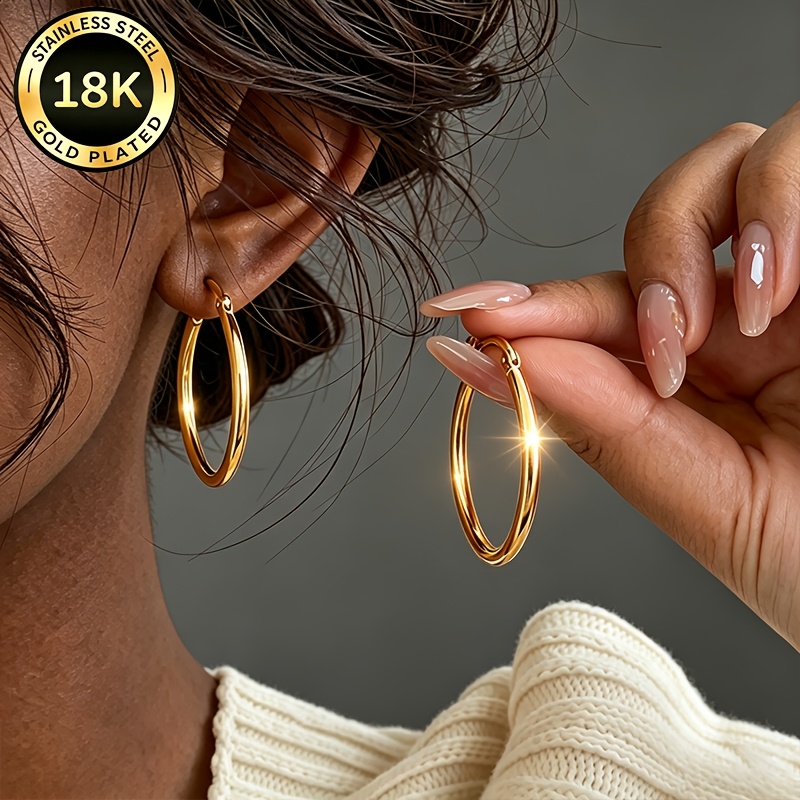TEMU 2 piezas de aretes redondos de acero inoxidable de calidad, chapados en oro de 18K, aretes versátiles para mujer, adiciones de joyería para