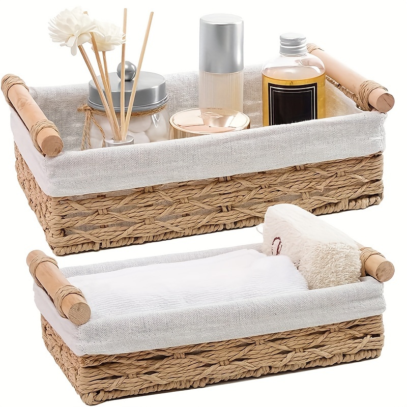 

2pcs/set Beige Paper Rope Storage Baskets With Wooden Handles, Handcrafted Woven Bins For Makeup Bookshelf, Living Room, Countertop Decorative Box, Toilet Tank Basket, Rustic Small Basket Set