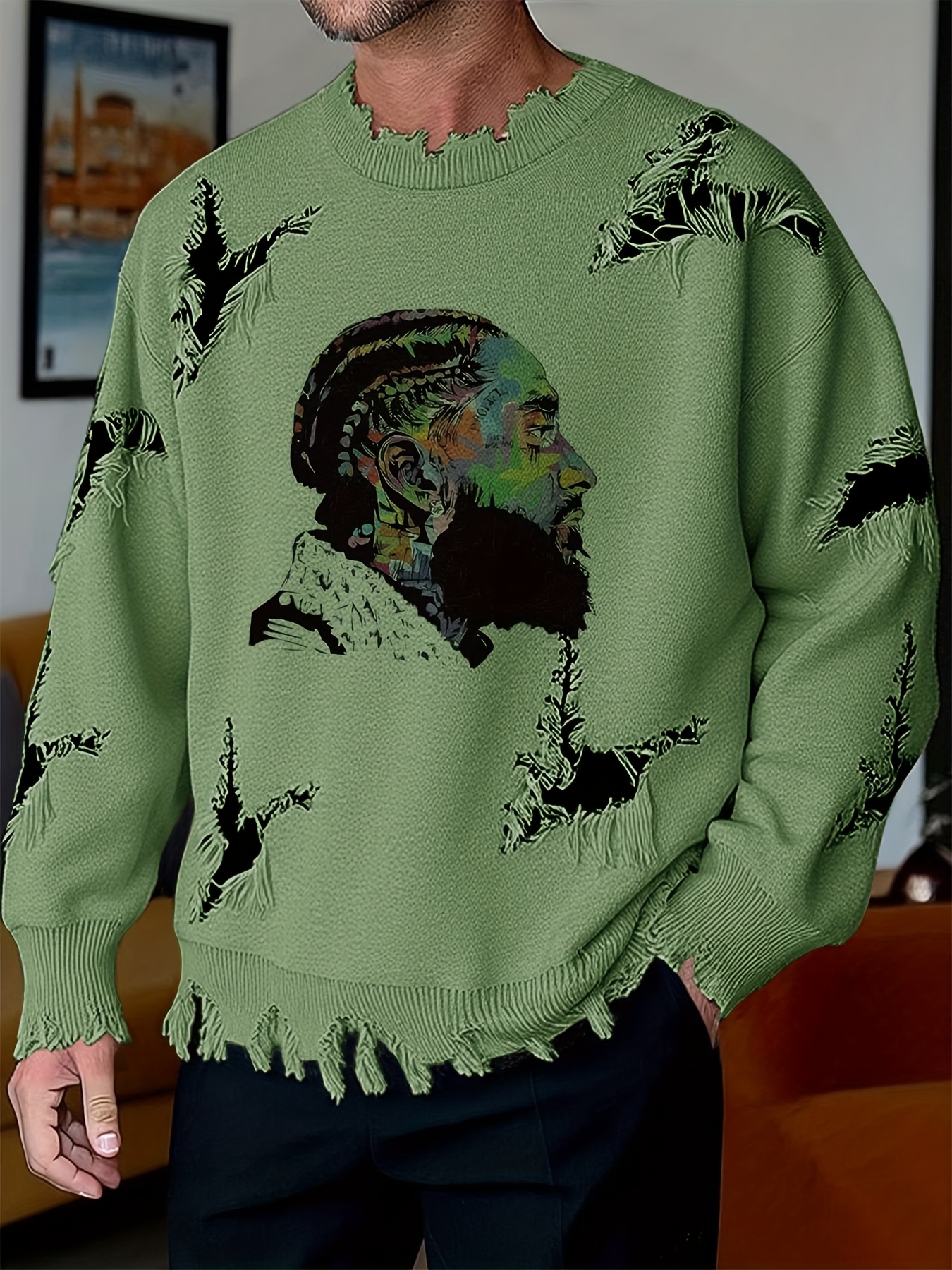 Men'S Casual Crew Neck Knit Sweater with Artistic Graffiti Portrait | Loose Fit, Ripped Details, Long Sleeve, Comfortable Texture for Fall/Winter - Image 2
