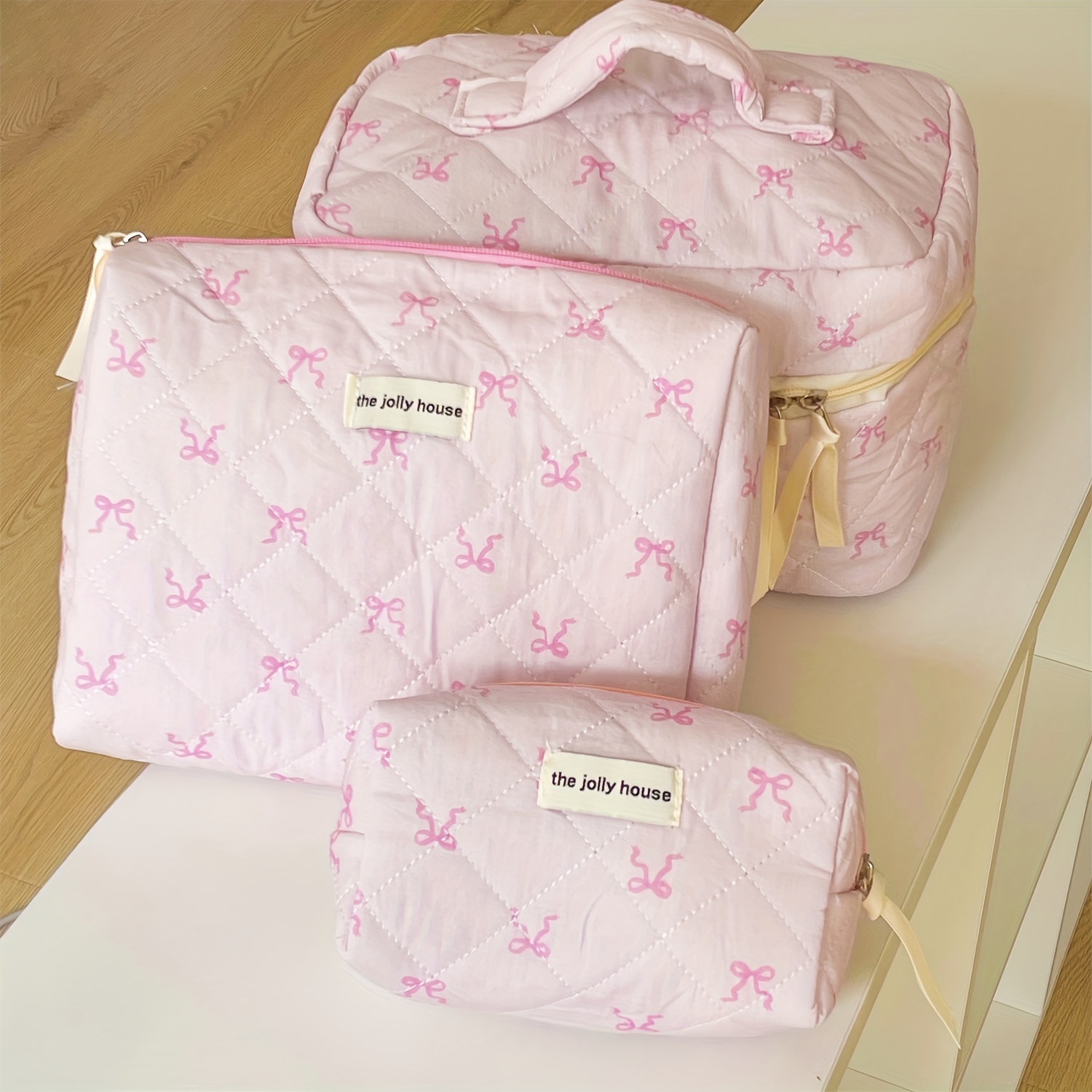 

Pink Mini Bow Travel Cosmetics Bag - The Jolly House - Quilted, Large Capacity, Handheld, No Fragrance, Waterproof, Women's Beauty Accessories