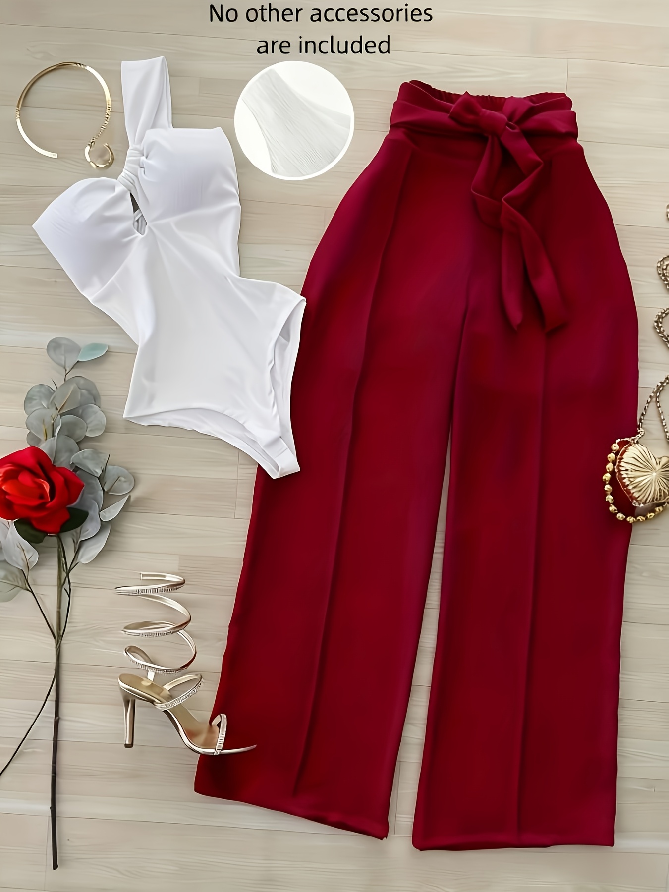 2pcs womens y2k elegant white jumpsuit burgundy wide leg pants suit asymmetrical one shoulder waist cinching bodice non matching outfit for weddings parties   wear hand washable 2pcs ensemble