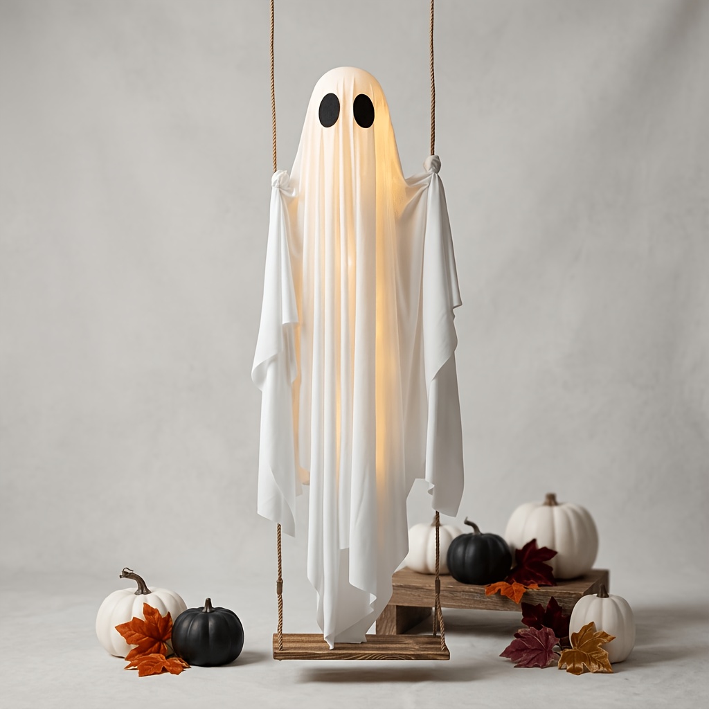 TEMU Halloween Decorations - Large Hanging Swing With String Lights, Cute Yet Spooky Decoration, Suitable For Outdoor Decorations (outdoor Statues)