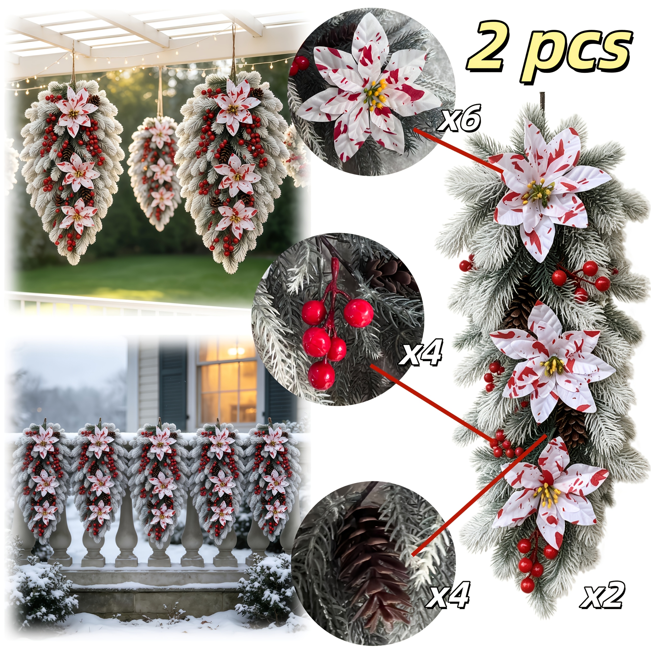 TEMU 2 Stück künstliche Zedernholz Rote Frucht Kiefernäpfel Weiße Einzelstücke Rote Tropfen Weihnachts-Wasser-Tropfen Blumenkunst, künstliche weiße