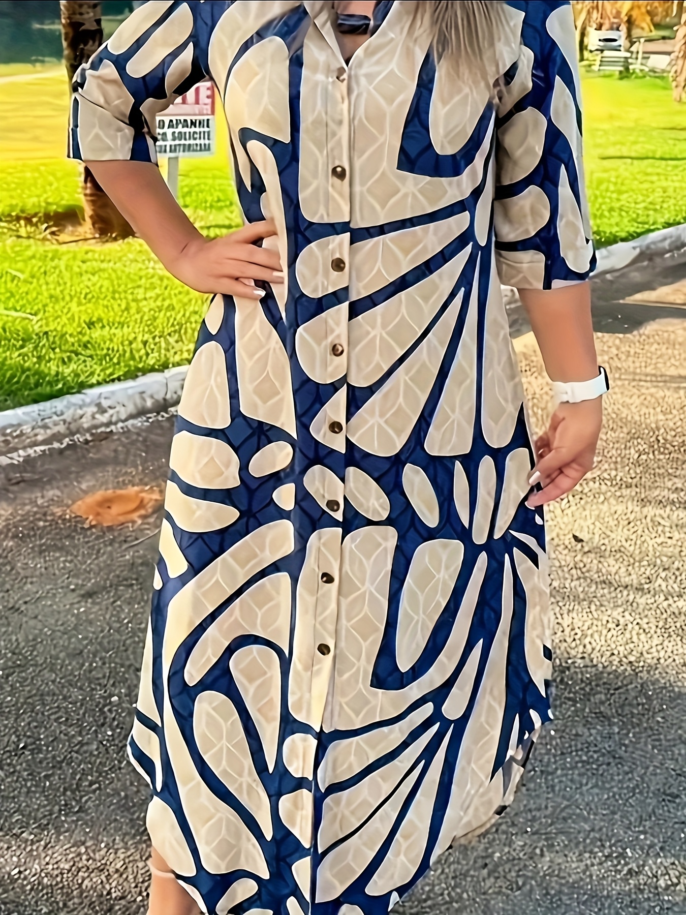 1pc elegant geometric print tunic dress for women polyester 100   long dress with lapel collar three quarter sleeves and button details woven casual commuter style Product details 2