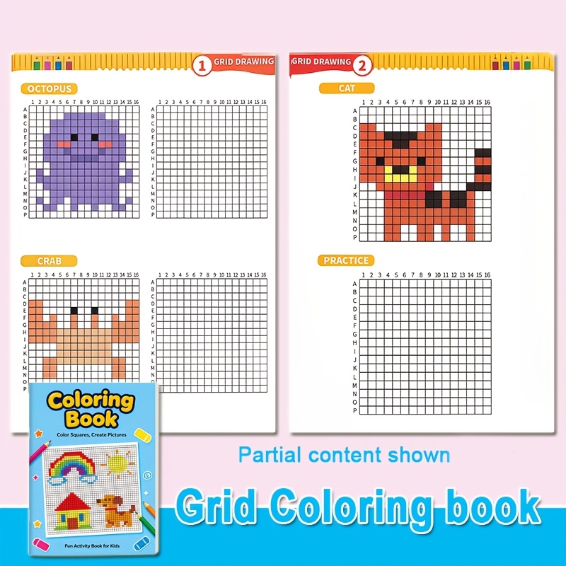 TEMU Livre de coloriage pixel art à pour enfants de 3 ans et plus, pages de coloriage mosaïque, carrés de couleur pour créer des images, cahier