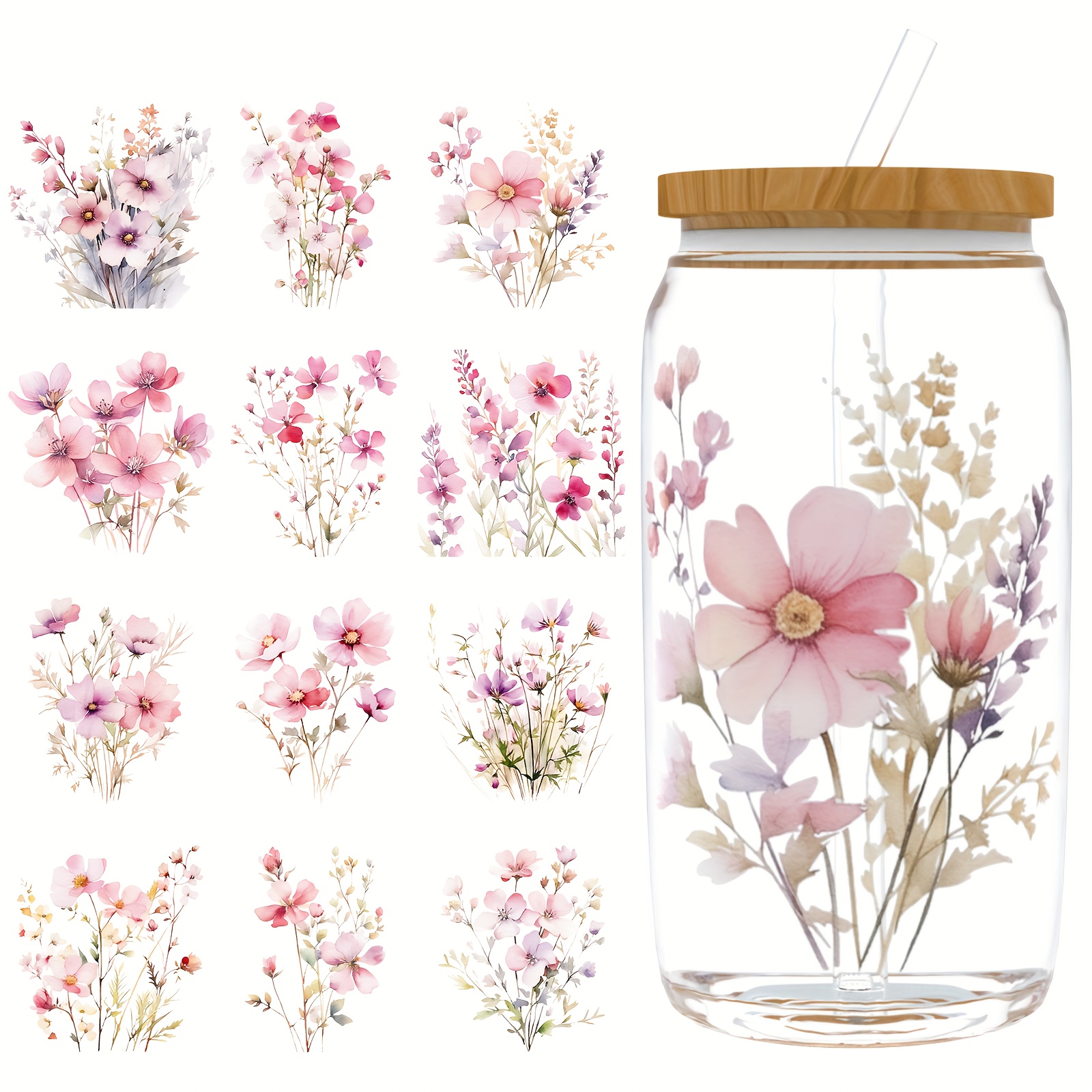 Image of Floral 12pcs/set Uv Dtf Transfer - High Quality, Waterproof, Scratch-resistant And Decorative For Cups, Bottles, Laptops And Other Crafts (uv Packaging Only, Cups Not Sold)