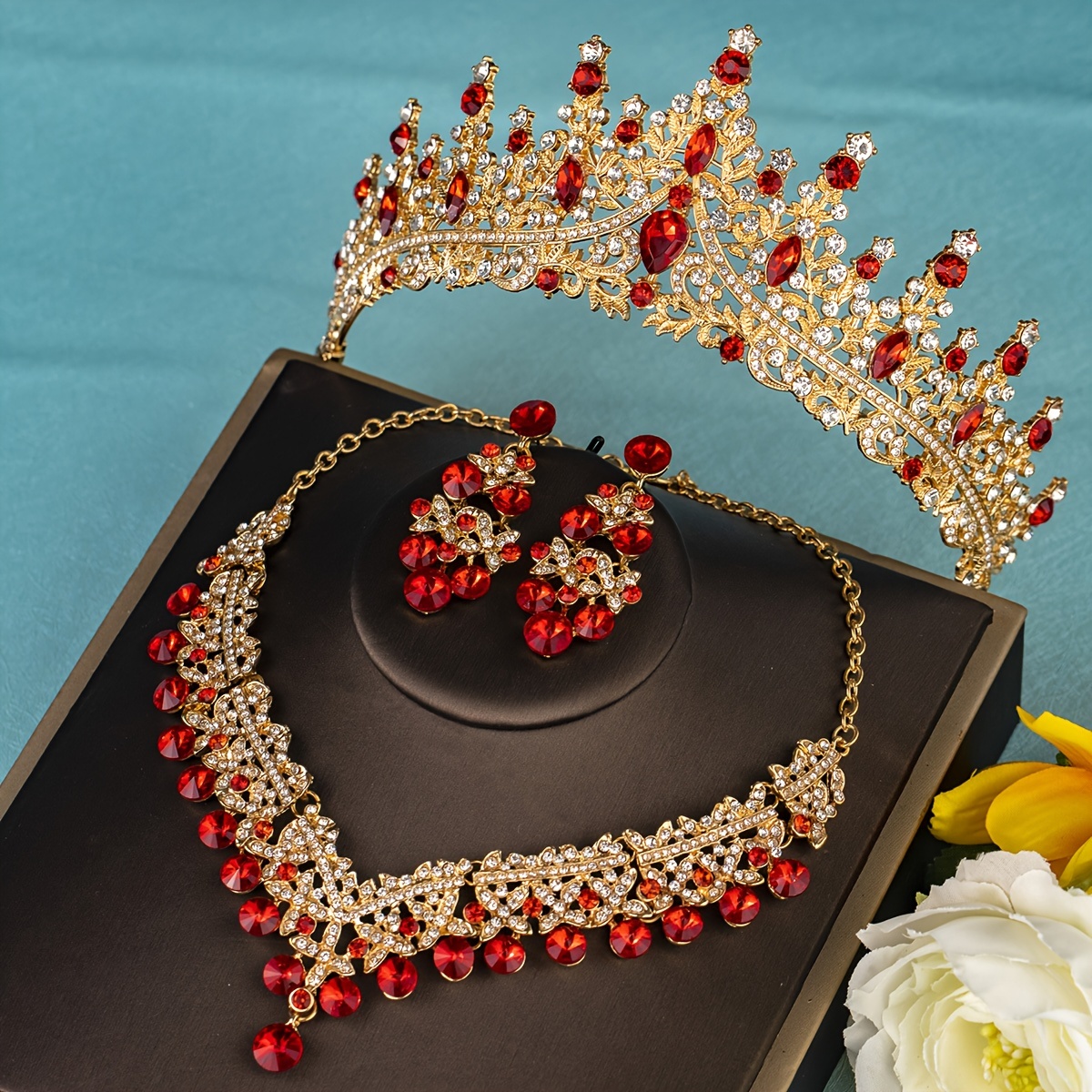 Elegant Rhinestone Crown Jewelry Set with Necklace and Earrings, Classic Zinc Alloy Bridal Tiara for Wedding, Party, Stage Performance, All-Season Accessory