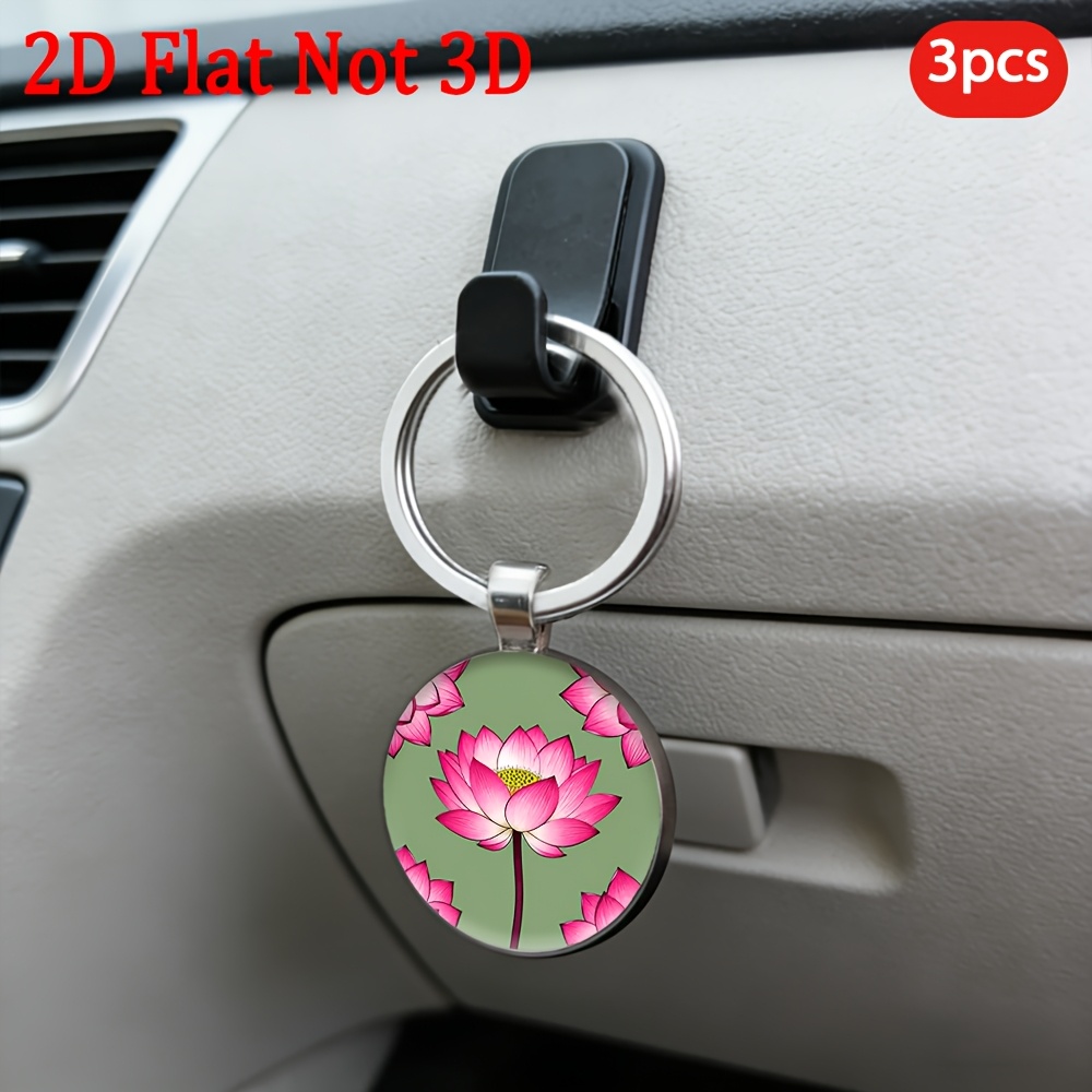 Pink Lotus Patterned Round Key Holder Keychain, 3pcs