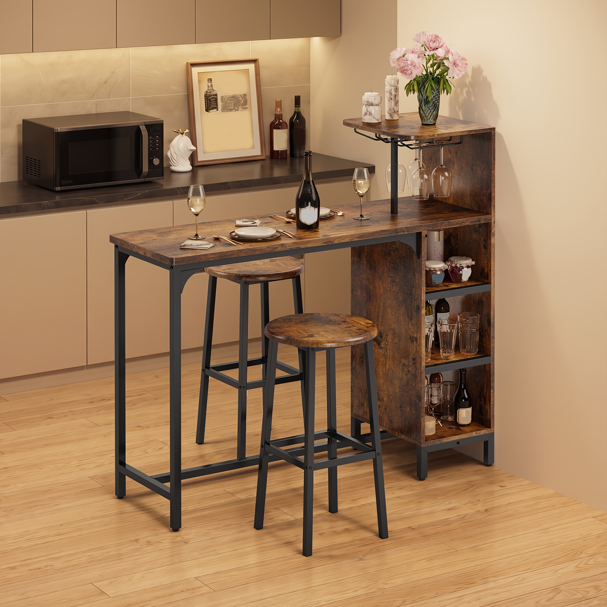 3pcs Bar Table And Chairs Set For 2, Dining Table With 3-tier Storage Rack And Wine Glass Rack, Space- Kitchen Worktop Suitable For Living Room, Kitchen, Or Bar, Rustic Brown/black, Easy To Assemble