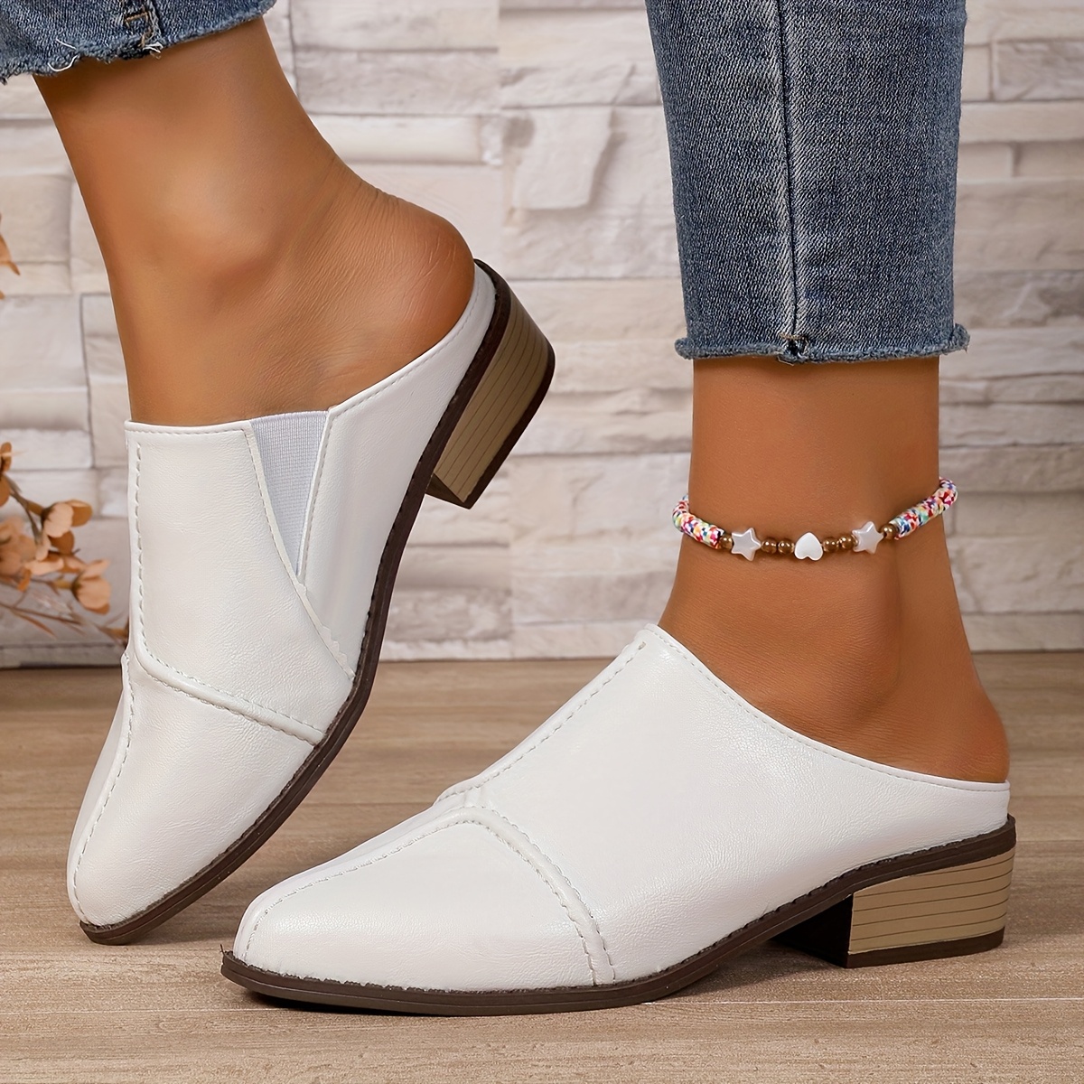 Block Heel White Loafer Mules Womens Women's Elegant Slip